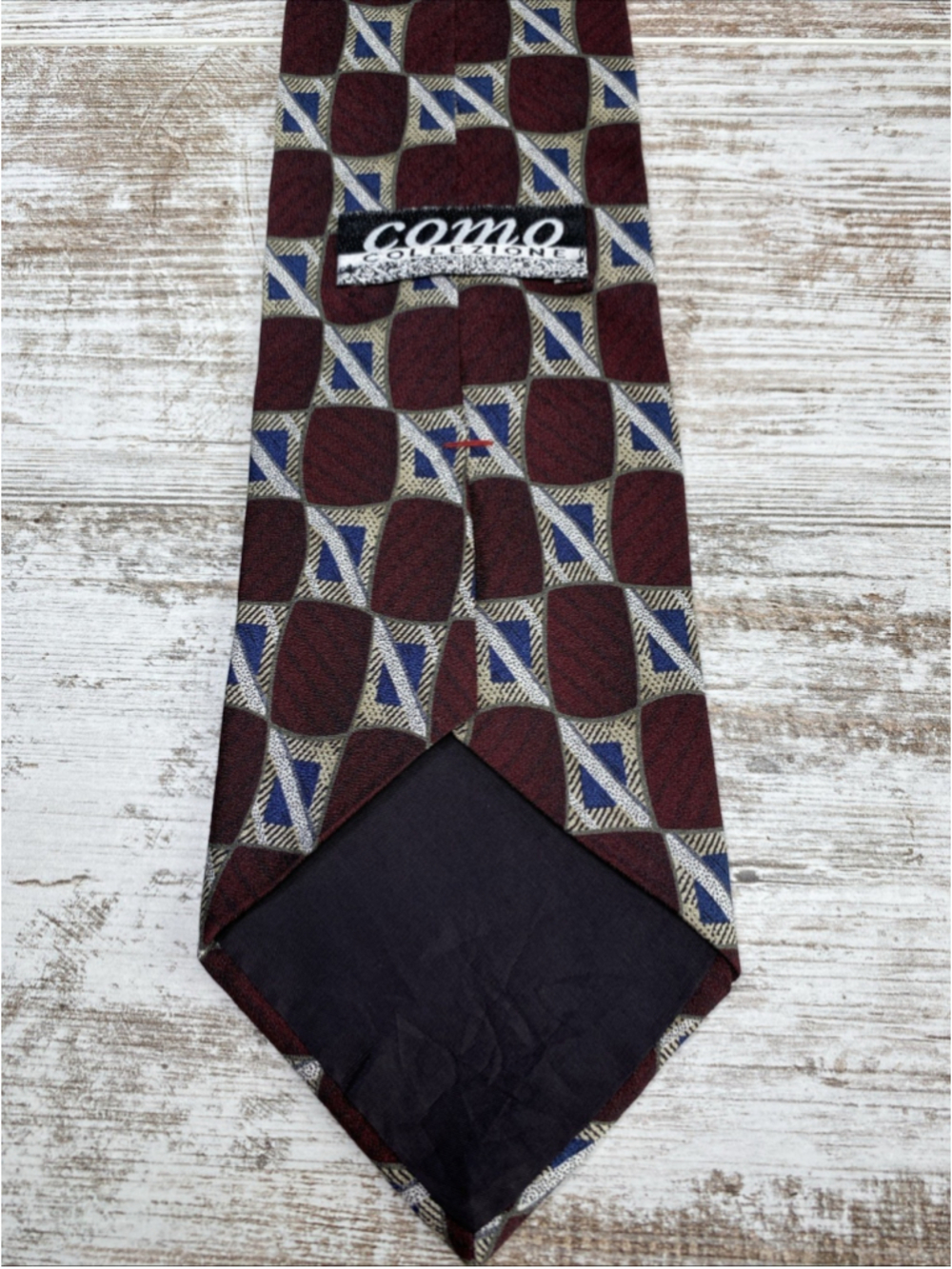 Como Collezione Silk Tie Burgundy Blue Geometric Vintage Mens Necktie - Picture 4 of 7
